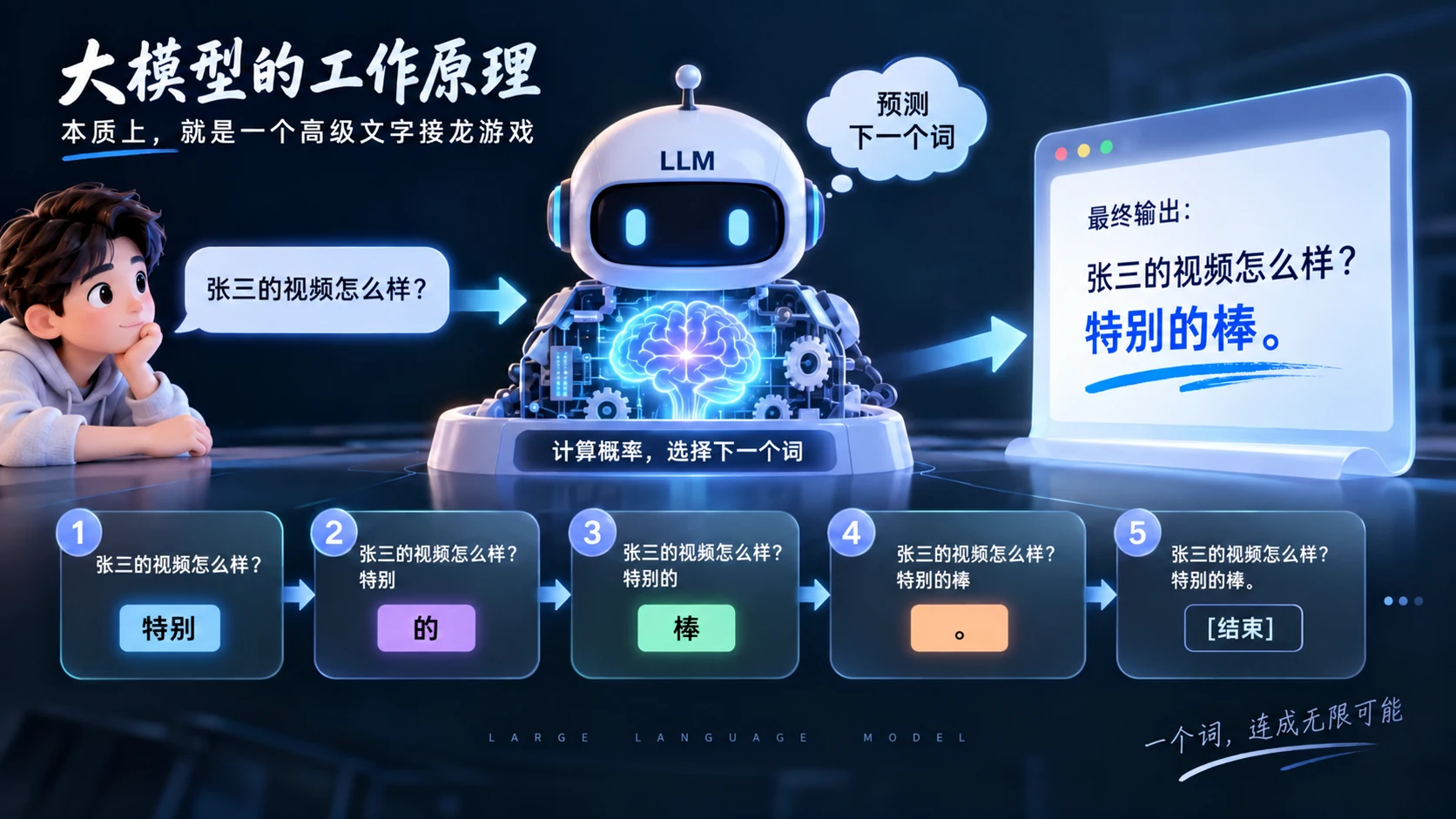 原 PPT 第 3 页:大模型的工作原理